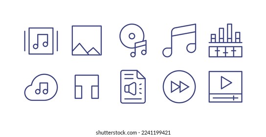 Symbol-Set für Multimedia-Linien Bearbeitbarer Strich. Vektorgrafik. Mit Musik-Album, Bild, CD, Musik und Multimedia, Equalizer, Musik-Cloud, Kopfhörer, Transkription, Vorwärts, Videospiel