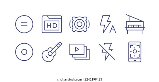 Multimedia line icon set. Editable stroke. Vector illustration. Containing equal circle, high definition, speaker, auto flash, piano, compact disc, guitar, video, no flash, camera stand.