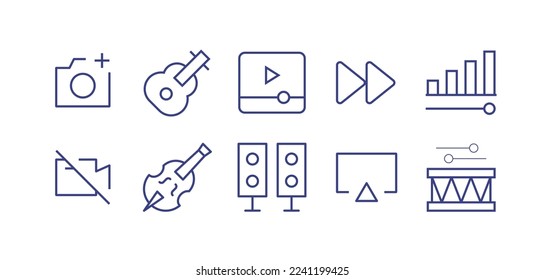 Multimedia line icon set. Editable stroke. Vector illustration. Containing camera plus, guitar, video player, forward, volume, no video, cello, speaker, airplay, drum.