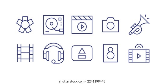 Multimedia line icon set. Editable stroke. Vector illustration. Containing flower, turntable, video, camera, trumpet, film, headphones, eject, boombox.