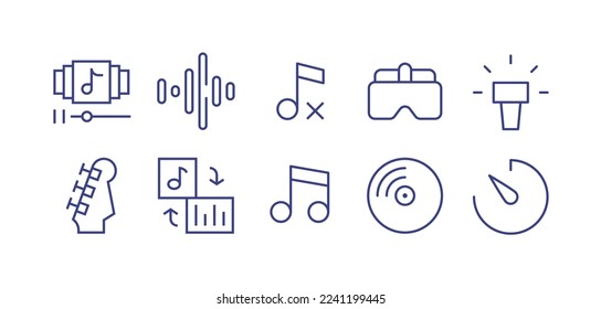 Symbol-Set für Multimedia-Linien Bearbeitbarer Strich. Vektorgrafik. Mit Playlist, Klangwelle, Musikdrehschlag, virtuelle Realität, Kamera-Taschenlampe, Gitarre, Remix, Musik, Vinyl, Countdown.