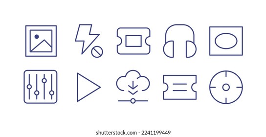 Multimedia line icon set. Editable stroke. Vector illustration. Containing photo, flash off, ticket, headphones, vignette, settings, button play, download, event ticket, camera shooting.