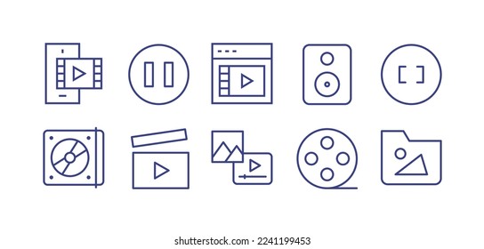 Multimedia line icon set. Editable stroke. Vector illustration. Containing smartphone, btn play, video, speaker, camera focus, cd, clapperboard, content, movie reel, folder image.