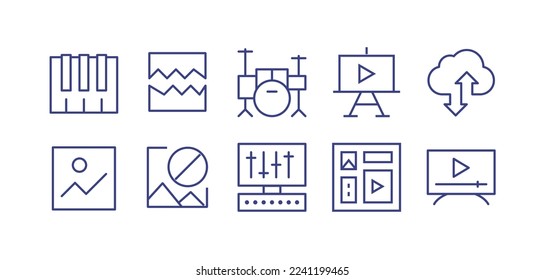 Multimedia line icon set. Editable stroke. Vector illustration. Containing piano, image broken, drum, multimedia, cloud storage, picture, image block, mastering, tv monitor.