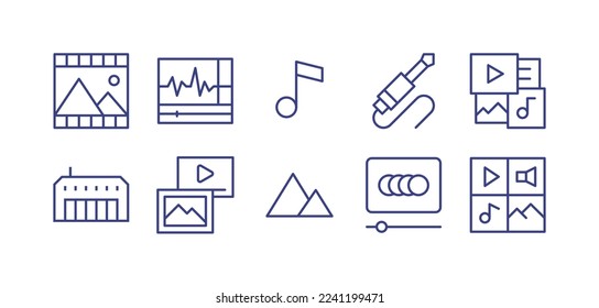 Symbol-Set für Multimedia-Linien Bearbeitbarer Strich. Vektorgrafik. Mit Film, Ton, Musiknote, Jack, Multimedia, Tastatur, Berg, Animation.