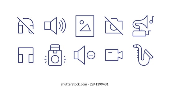 Conjunto de iconos de línea multimedia. Trazo editable. Ilustración vectorial. Sin auriculares, volumen, imagen de archivo, sin cámara, gramófono, auricular, altavoz, video, saxofón.