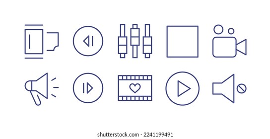 Symbol-Set für Multimedia-Linien Bearbeitbarer Strich. Vektorgrafik. Mit Kamerabolle, Schritt rückwärts Kreis, Einstellungen, Button-Stopp, Film, Lautsprecher, Schritt nach vorn Kreis, Hochzeitsvideo, Btn-Play.