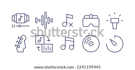 Multimedia line icon set. Editable stroke. Vector illustration. Containing playlist, sound wave, music turn slash, virtual reality, camera flashlight, guitar, remix, music, vinyl, countdown.