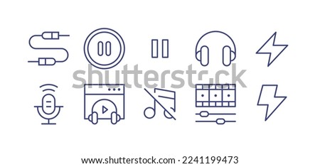 Multimedia line icon set. Editable stroke. Vector illustration. Containing audio jack, pause button, pause, headset, lightning, podcast, multimedia player, music turn slash, video edition.