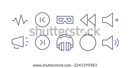 Multimedia line icon set. Editable stroke. Vector illustration. Containing sound wave, step backward circle, d glasses, button rewind, volume up, loudspeaker, step forward circle, headphones.