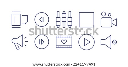 Multimedia line icon set. Editable stroke. Vector illustration. Containing camera roll, step backward circle, settings, button stop, movie, speaker, step forward circle, wedding video, btn play.