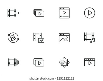 Conjunto de iconos de línea multimedia. Video, metraje, foto. Concepto de contenido multimedia. Se puede utilizar para temas como reproductor, cine, cine