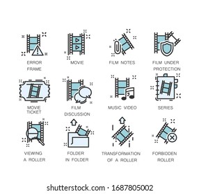 Multimedia line icon set. Video, footage, photo.Includes such Icons as film, camera, play, click, editing, video editing and more.
