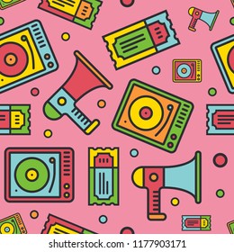Multimedia line icons seamless pattern. Composition 7