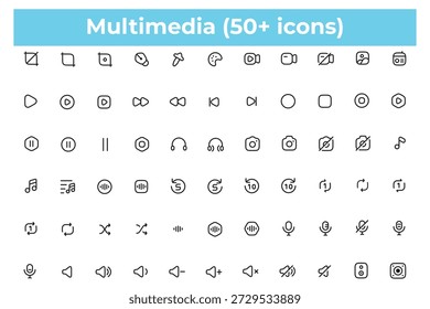 Multimedia Line Icons Set mit 50 Plus Audio- und Video-Vektorsymbol