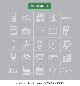Conjunto de iconos de línea multimedia: Tecnología y dispositivos digitales