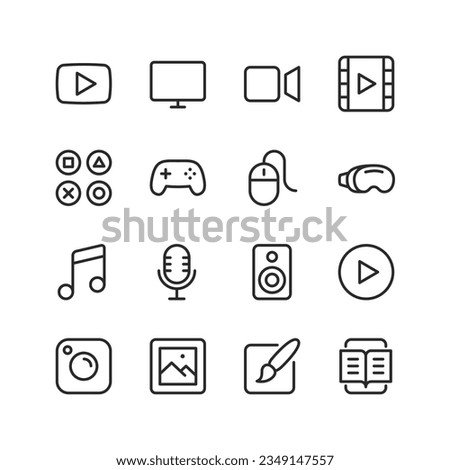 Multimedia, linear style icons set. Symbols for video, games, music, graphics and text. Digital content. Editable stroke width