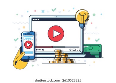 Multimedia live stream production idea concept. Creating news content for online broadcasting flat illustration. Video editing for mobile and web