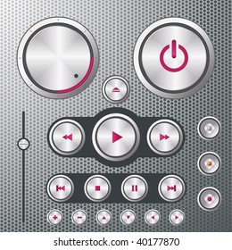 Multimedia media centre icons: play, stop, next, previous, forward, rewind, play, power, sliders (brushed metal)