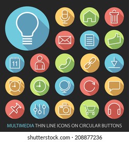Multimedia Minimalistic Thin Line Icons on Circular Colored Buttons.