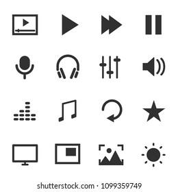 Multimedia, monochrome icons set. Control multimedia devices, simple symbols collection