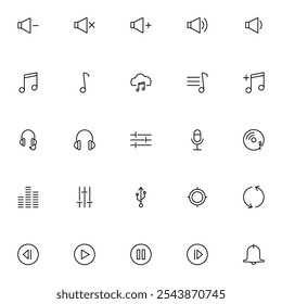 Multimedia and music player elements Vector icon pack. Includes icons for audio controls, playback buttons, headphones, microphone, USB drive, radio, equalizer, and sound interface design.