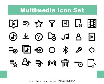 multimedia or music player icon set in line style solid style vector