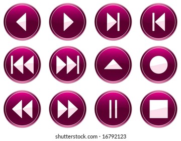 Multimedia navigation buttons set. Purple - white palette. Vector illustration.