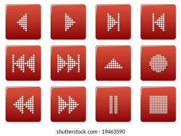 Multimedia navigation buttons set. Red - white palette. Vector illustration.