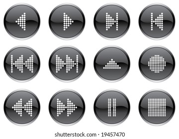 Multimedia navigation buttons set. White - black palette. Vector illustration.