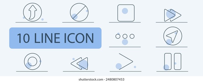 Multimedia- und Navigationszeilensymbole eingestellt. Pfeil, Button abspielen, Positionsstift, Weiter, Zurück, Kartenmarkierung, Schnittstellensteuerung, Multimedia-Player. Medien, GPS, UI UX Konzept