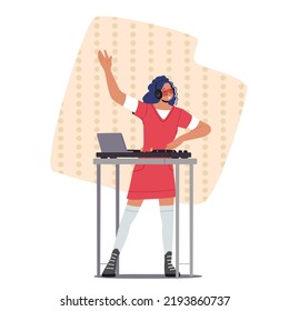 Multimedia, Nightlife and Entertainment Concept. Young Cheerful Dj Girl with Blue Hair and Headphones Remixing Music on Midi Controller at Night Disco Club Party. Cartoon People Vector Illustration