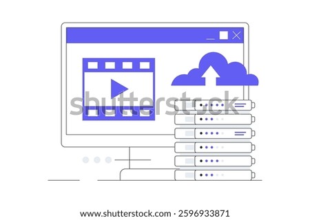 Multimedia on computer screen, transferring files. Cloud server. Content upload interface. Internet users downloading music, video piratic files. Torrent data, digital sharing. Flat Cartoon Vector 