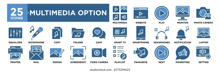 Multimedia Options icon collection set. Containing design multimedia, web, isolated, button, graphic, media, digital, business	