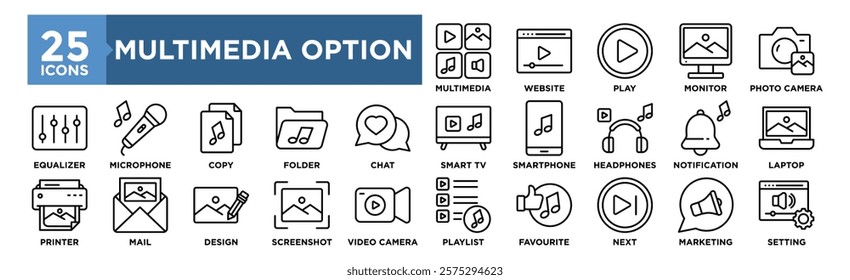 Multimedia Options icon collection set. Containing design multimedia, web, isolated, button, graphic, media, digital, business	