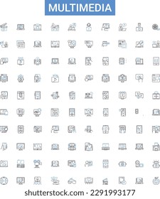 Multimedia outline icons collection. Audio, Video, Graphics, Animation, Image, Text, Interaction vector illustration set. Communication,Storage,Authoring line signs
