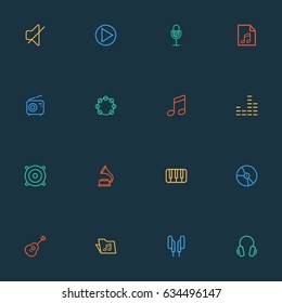 Multimedia Outline Icons Set. Collection Of Timbrel, Phonograph, Earphones And Other Elements. Also Includes Symbols Such As Play, Mixer, Gramophone.
