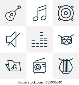 Multimedia Outline Icons Set. Collection Of Stringed, Barrel, Soundless And Other Elements. Also Includes Symbols Such As Music, Noiseless, Harp.