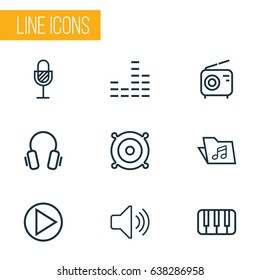 Multimedia Outline Icons Set. Collection Of Equalizer, Earphones, Audio Level And Other Elements. Also Includes Symbols Such As Music, Fortepiano, Headphone.