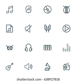 Multimedia Outline Icons Set. Collection Of Soundless, Stringed, Keys And Other Elements. Also Includes Symbols Such As Solfeggio, Vinyl, Equalizer.
