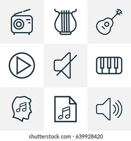 Multimedia Outline Icons Set. Collection Of Stringed, Keys, Circle And Other Elements. Also Includes Symbols Such As Level, Piano, Cover.