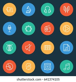 Multimedia Outline Icons Set. Collection Of Soundtrack, Amplifier, Circle And Other Elements. Also Includes Symbols Such As Folder, Device, Harp.