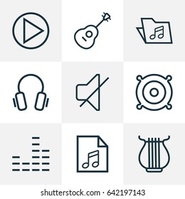 Multimedia Outline Icons Set. Collection Of Soundtrack, Earphones, Template And Other Elements. Also Includes Symbols Such As Harp, Orator, Music.
