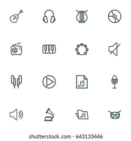 Multimedia Outline Icons Set. Collection Of Keys, Amplifier, Audio Level And Other Elements. Also Includes Symbols Such As Phonograph, Stringed, Gramophone.