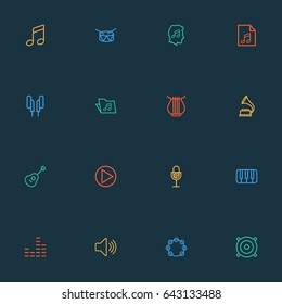 Multimedia Outline Icons Set. Collection Of Headphones, Melody, Strings And Other Elements. Also Includes Symbols Such As Gramophone, Headphone, Notes.