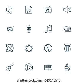 Multimedia Outline Icons Set. Collection Of Amplifier, Stringed, Melody And Other Elements. Also Includes Symbols Such As Microphone, Level, Drum.