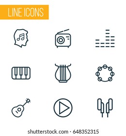 Multimedia Outline Icons Set. Collection Of Cover, Keys, Timbrel And Other Elements. Also Includes Symbols Such As Circle, Timbrel, Earphones.