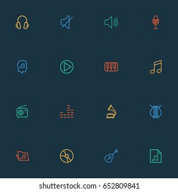 Multimedia Outline Icons Set. Collection Of Plastic, Soundtrack, Cover And Other Elements. Also Includes Symbols Such As Headphone, Strings, Dj.