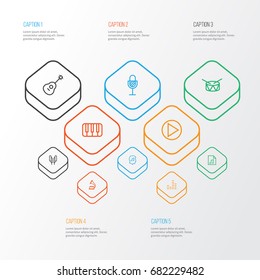 Multimedia Outline Icons Set. Collection Of Phonograph, Strings, Keys And Other Elements. Also Includes Symbols Such As Lover, Circle, Equalizer.