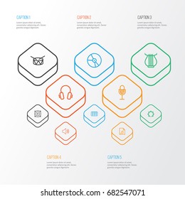 Multimedia Outline Icons Set. Collection Of Earphones, Amplifier, Barrel And Other Elements. Also Includes Symbols Such As Instrument, Barrel, Tambourine.